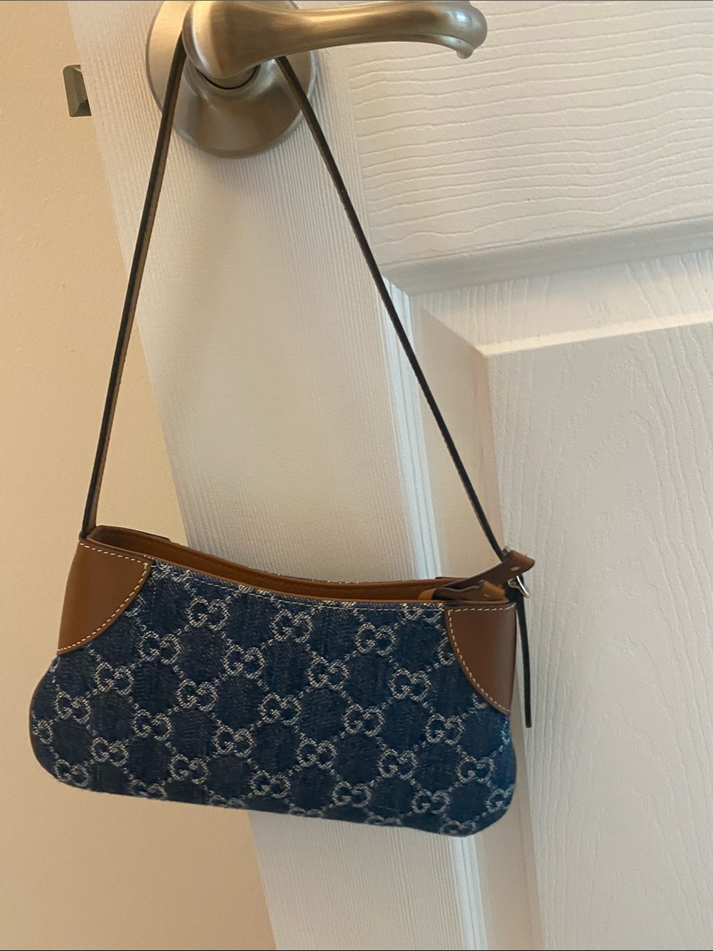 Authentic brand new Gucci Denim Shoulder Bag with Brown Trim